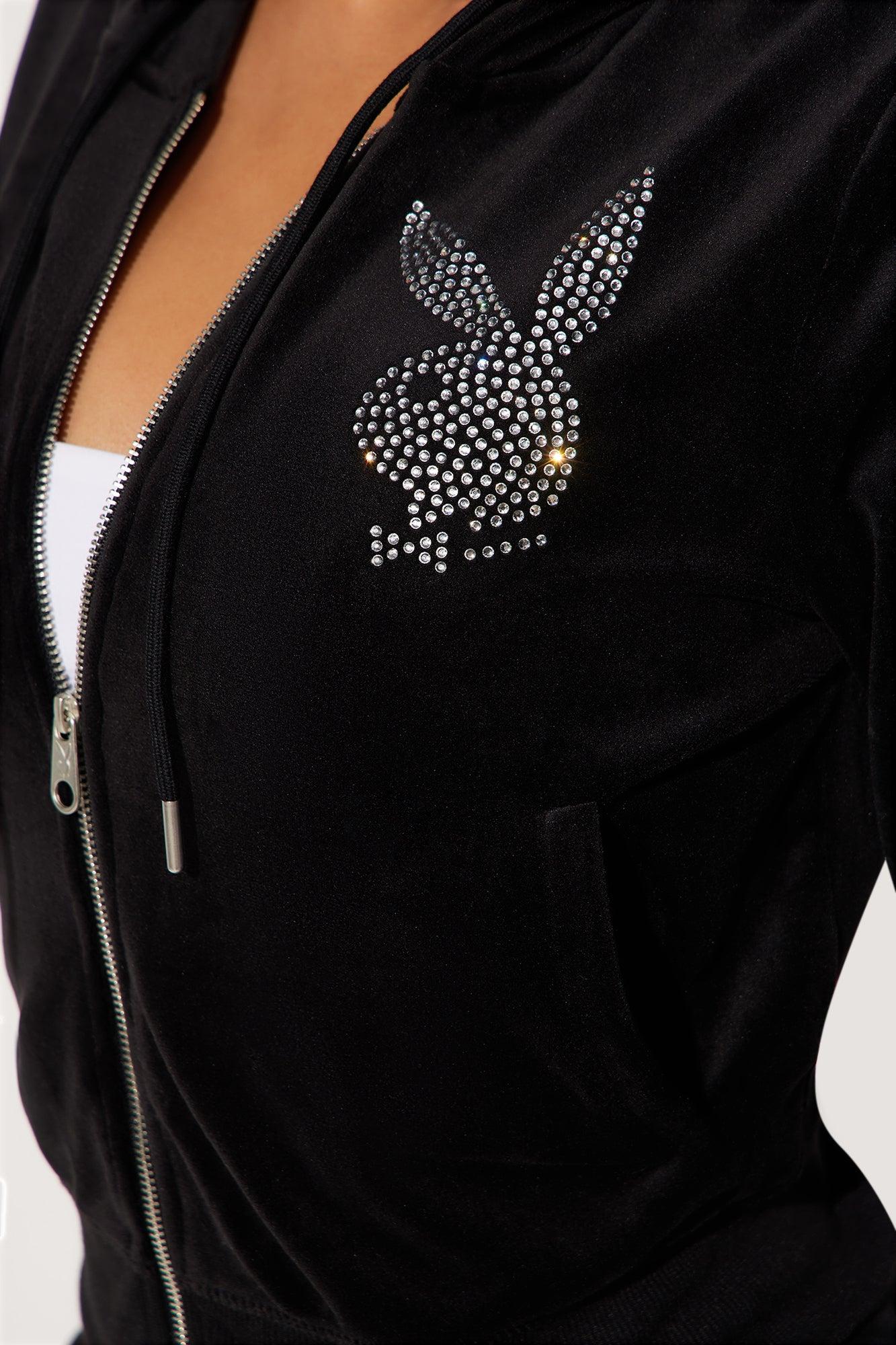 Playboy Snow Bunny Velour Zip Front Hoodie - Black Product Image