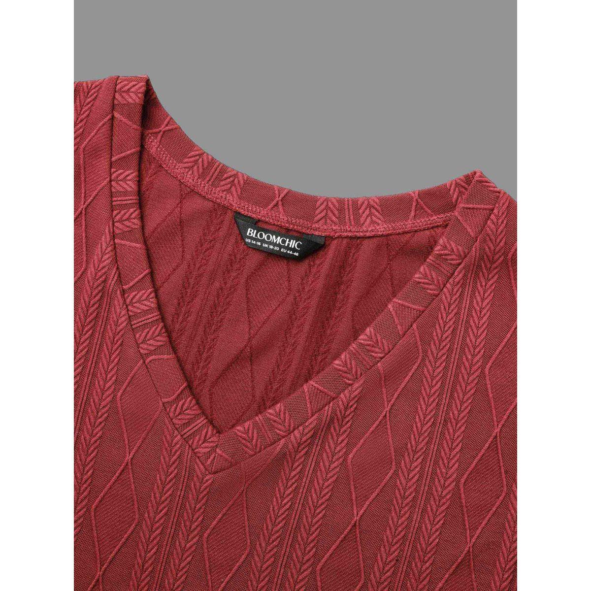 Plus Size V-neck Cable Knit Slim-Fit Tee Deepred Women Casual Texture V-neck Everyday T-shirts BloomChic 30/6X Product Image