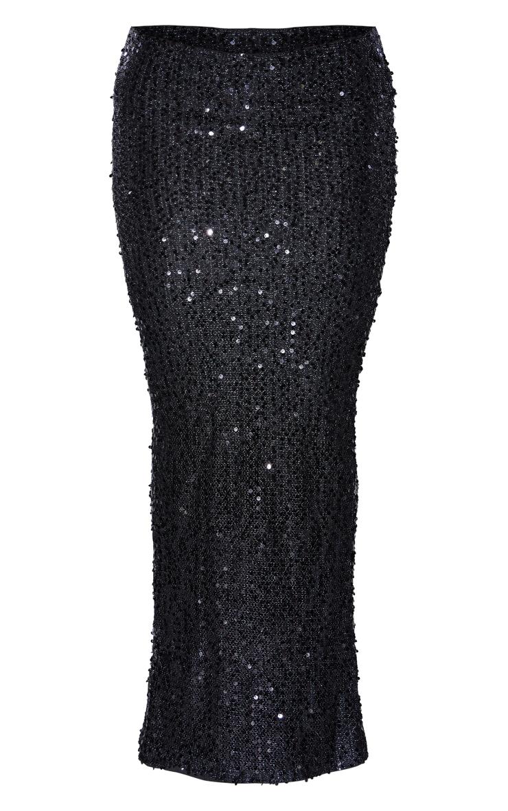 Black Sequin Embellished Low Rise Drapey Maxi Skirt Product Image