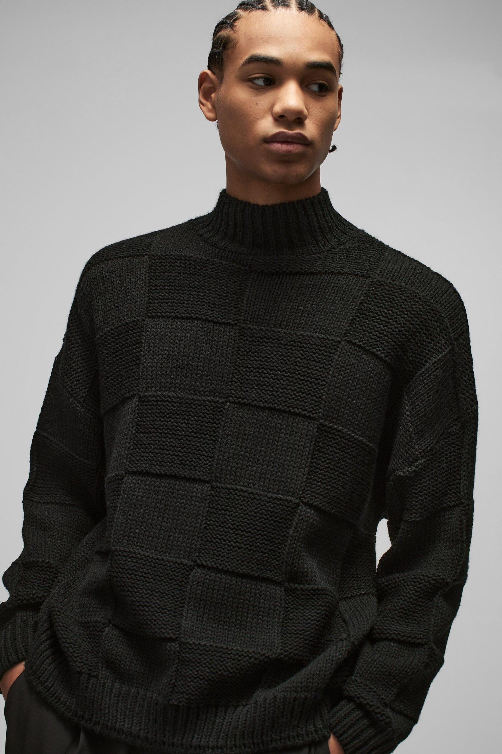 Oversized Plaid Funnel Neck Knitted Sweater | boohooMAN USA Product Image