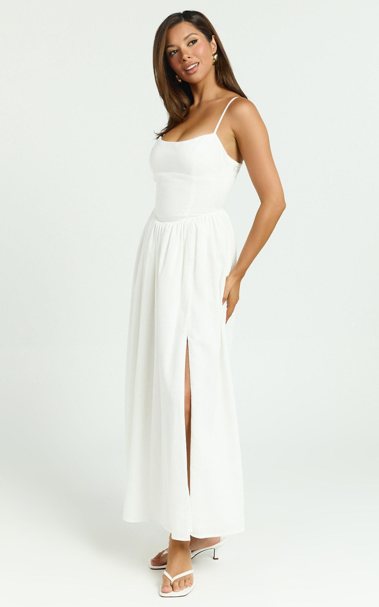 Morris Midi Dress - Linen Scoop Neck Gathered Dress in Off White Product Image