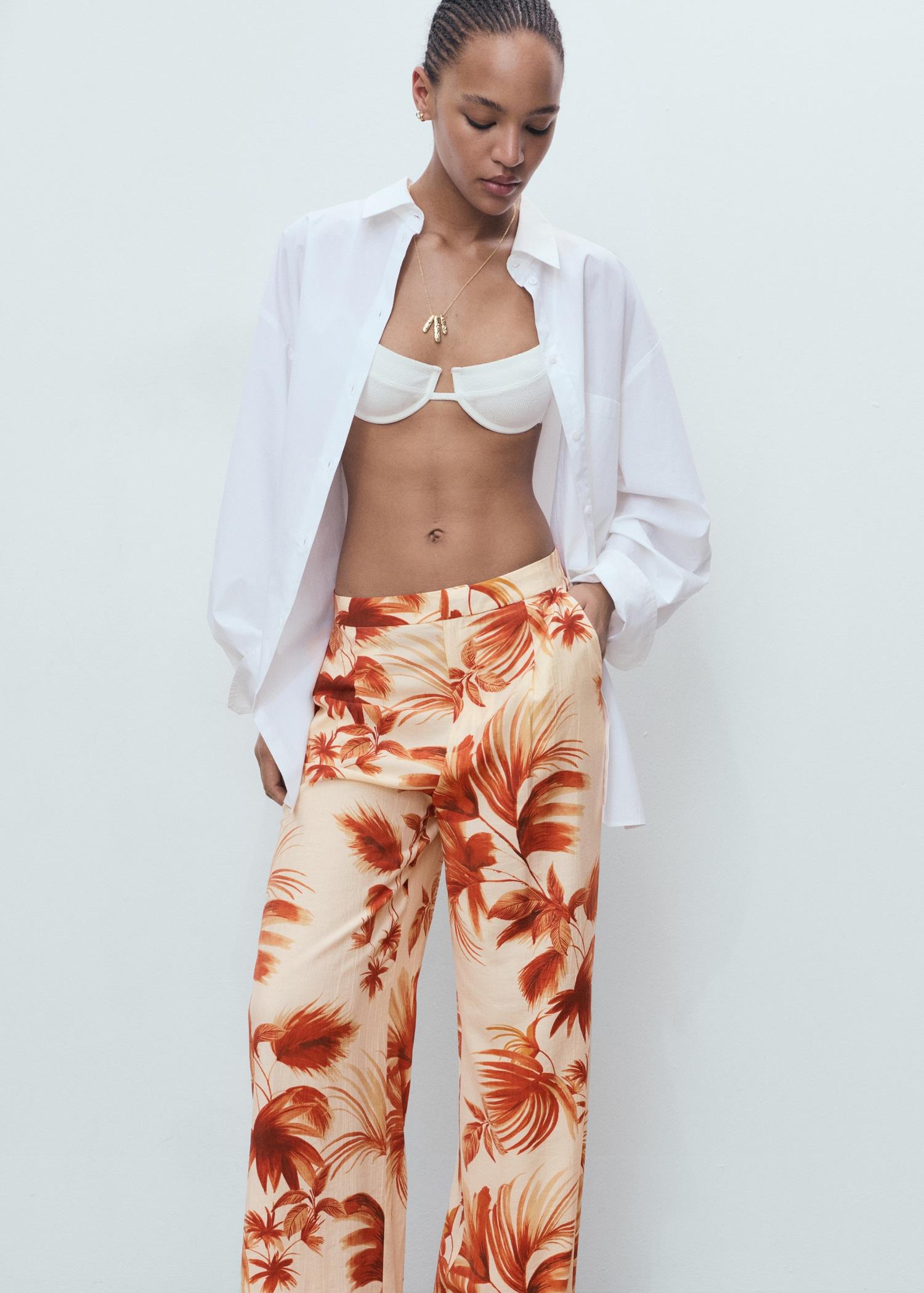 Flowing palm-tree print pants - Women | MANGO USA Product Image