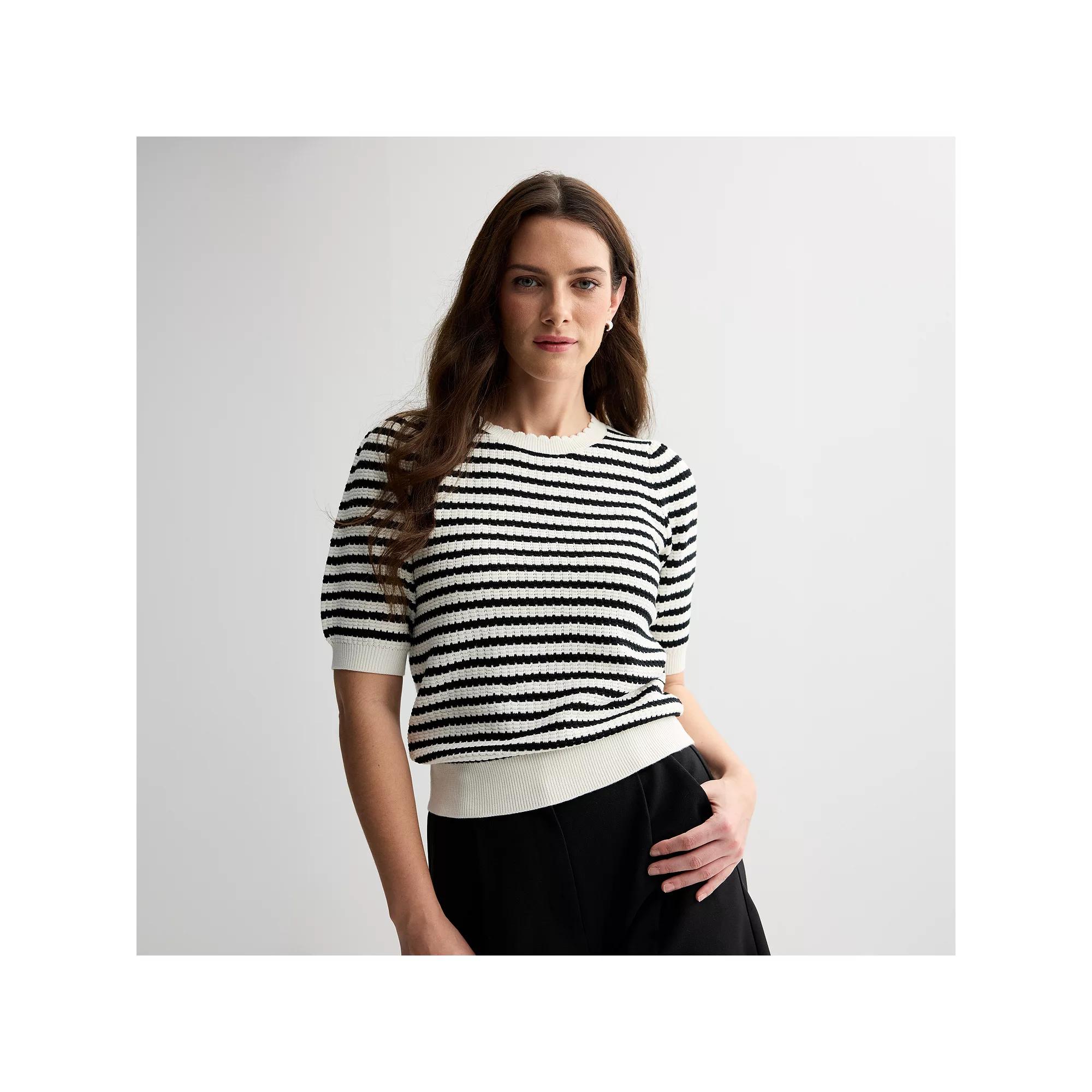 Women's Draper James Puffed Short Sleeve Striped Sweater, Size: Large, Black Stripe Product Image