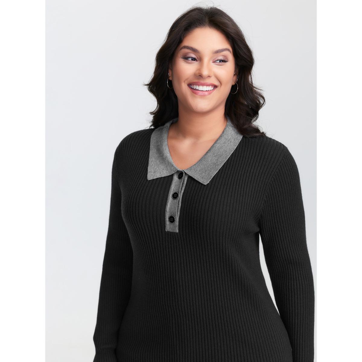 Plus Size Polo Neck Contrast Metal Buttons Pullover Black Women Leisure Bodycon Long Sleeve Polo Casual Pullovers BloomChic 22-24/3X Product Image