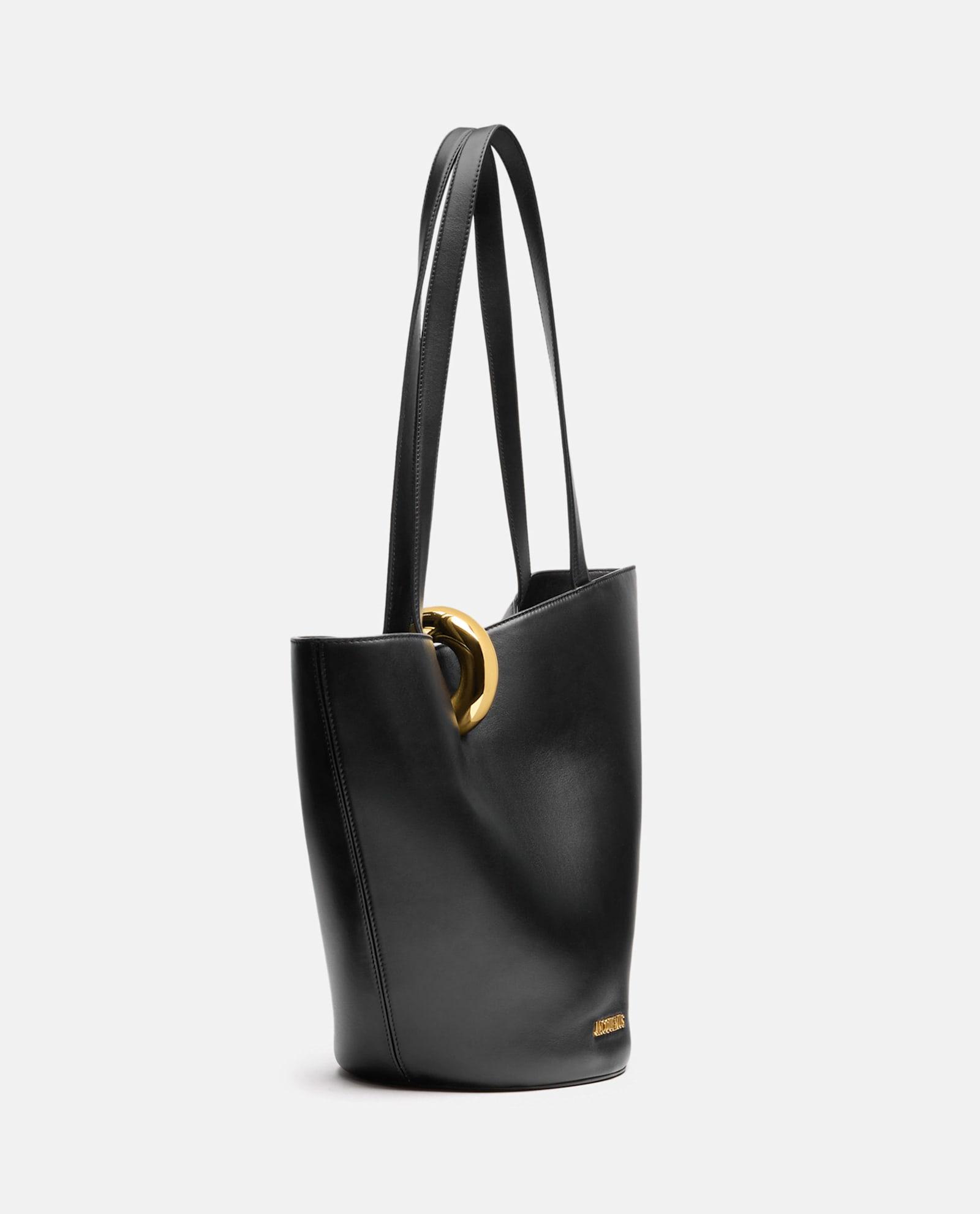JACQUEMUS The Medium Bambola Asymmetric Leather Bucket Bag In Black 990 Product Image