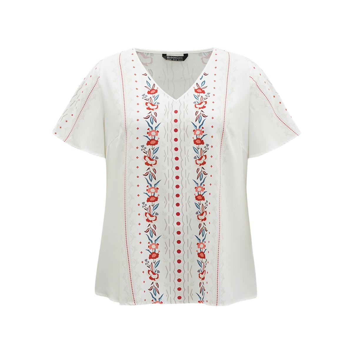 Plus Size White Bandana Print V Neck Flutter Sleeve Blouse Women Vacation Short sleeve V-neck Dailywear Blouses BloomChic 18-20/2X Product Image