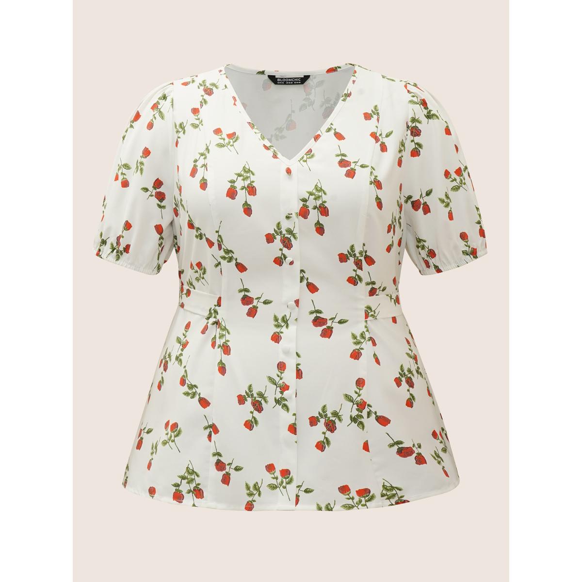 Plus Size Ivory Rose Print Tie Knot Button Detail Ties Blouse Women Elegant Short sleeve V-neck Everyday Blouses BloomChic 26/4X Product Image