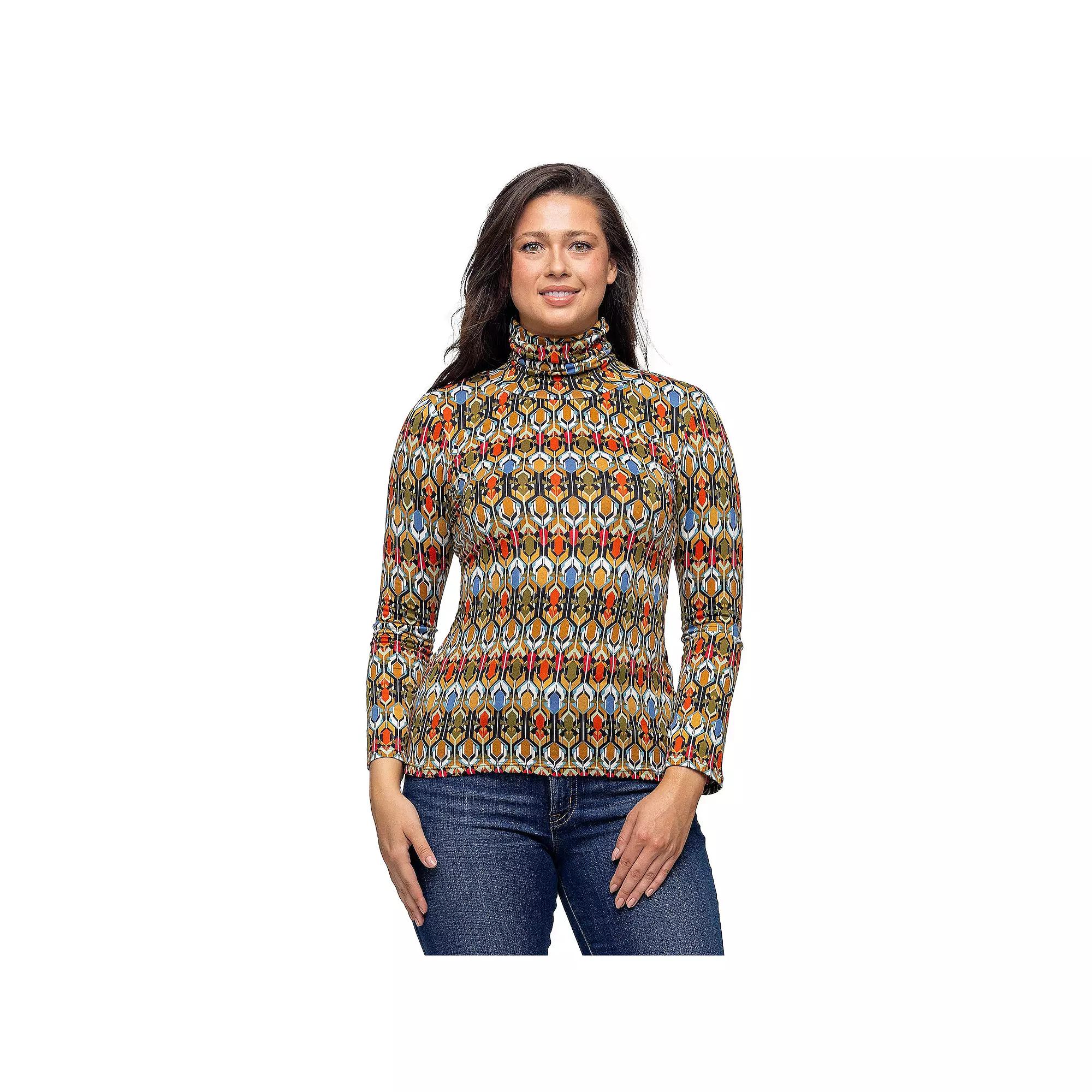 Women's 24Seven Comfort Apparel Multicolor Geo Print Long Sleeve Turtleneck Top, Size: Small, Orange Team Product Image