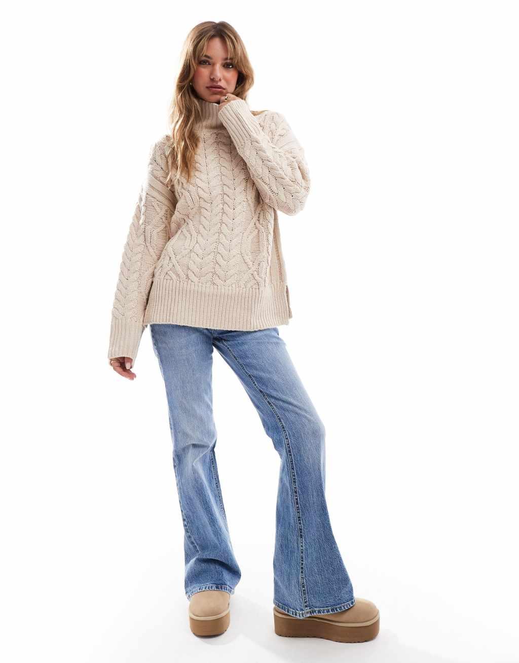 Brave Soul cable knit turtleneck sweater in stone Product Image