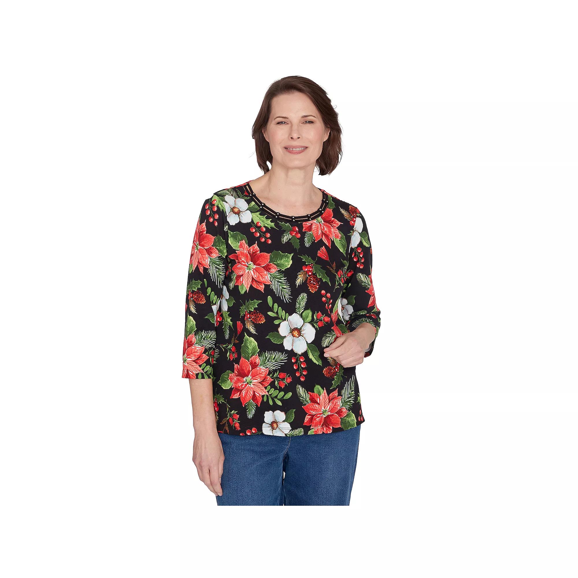 Petite Alfred Dunner Poinsettia Classic Holiday Top, Women's, Size: Small Petite, Black Product Image