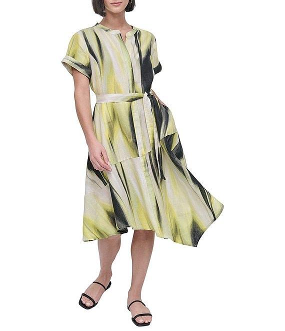 DKNY by Donna Karan Linen Short Sleeve Tie Waist Dress Product Image
