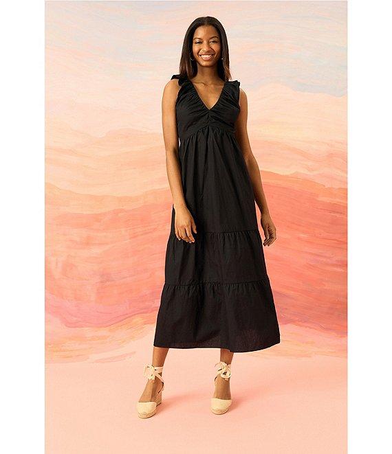 The Good Journey Ruffle V-Neck Smocked Back Tiered Cotton Poplin Midi Dress Product Image