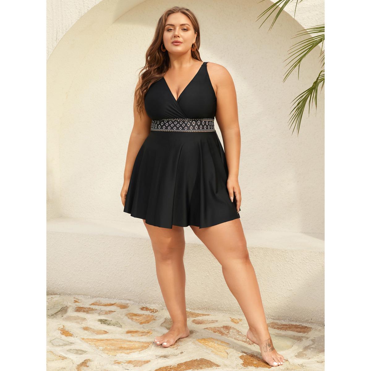Plus Size Shell Embroidered Surplice Neck Swim Dress Women's Swimwear Black Beach Bodycon Overlap Collar High stretch Curve Swim Dresses BloomChic 18-20/2X Product Image