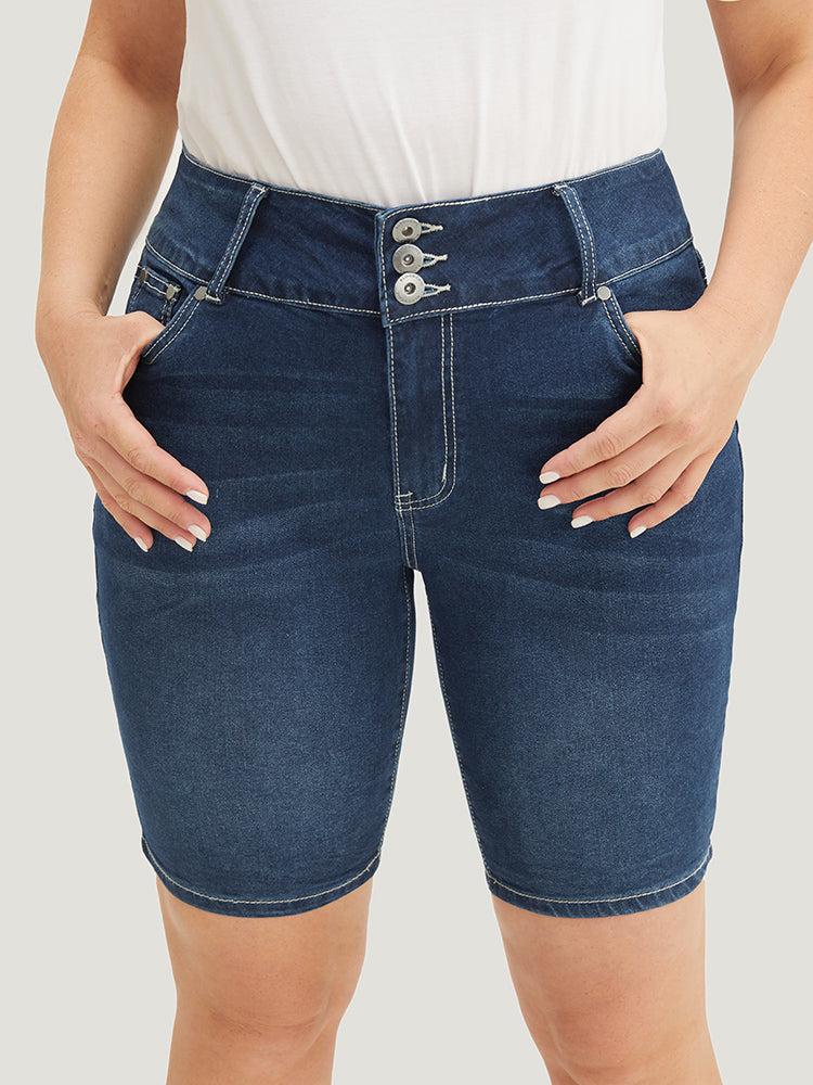 Slightly Stretchy  High Rise Black Wash Denim Shorts Female Product Image