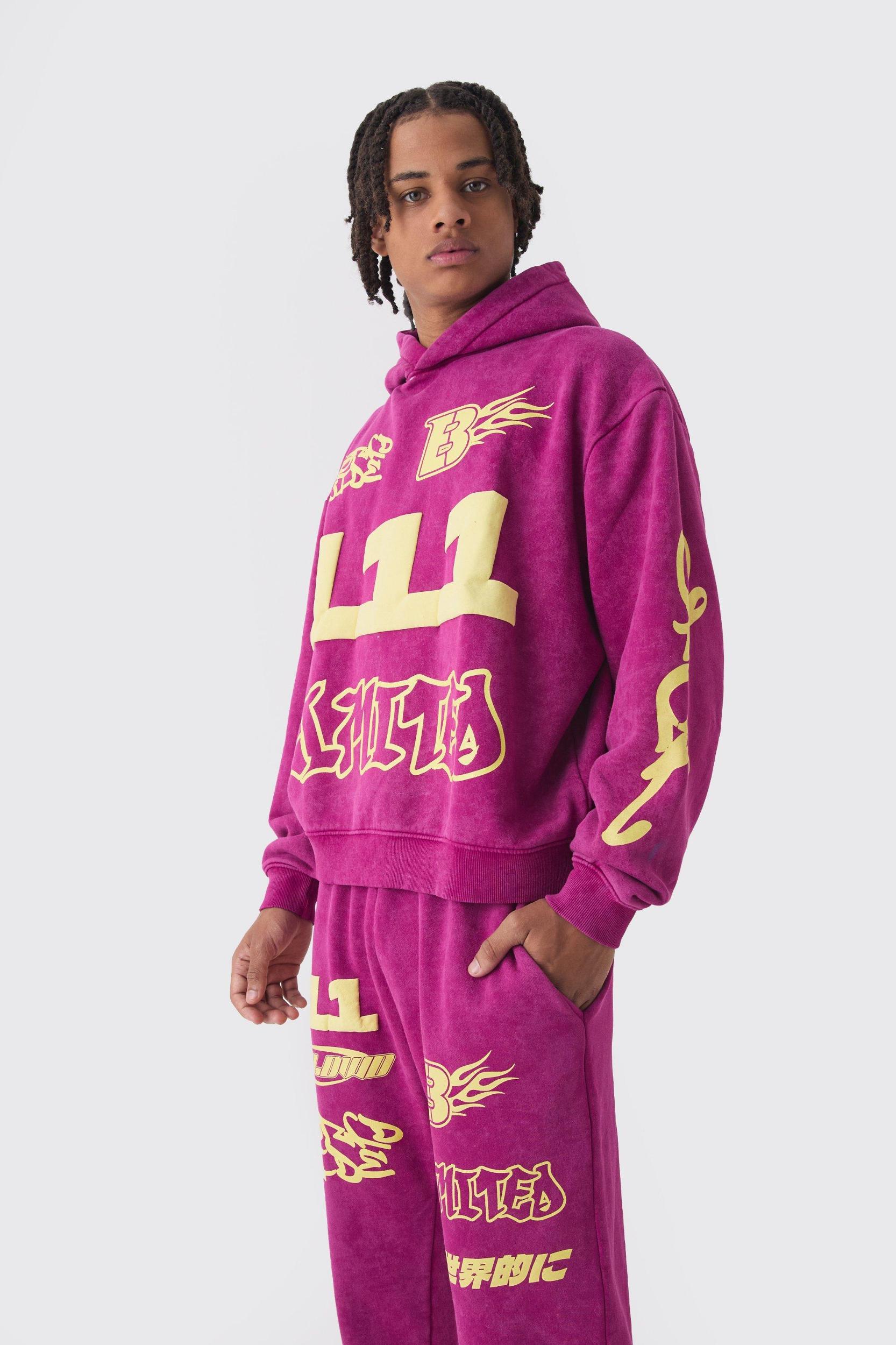 Oversized Boxy Moto Puff Print Wash Hooded Tracksuit | boohooMAN USA Product Image