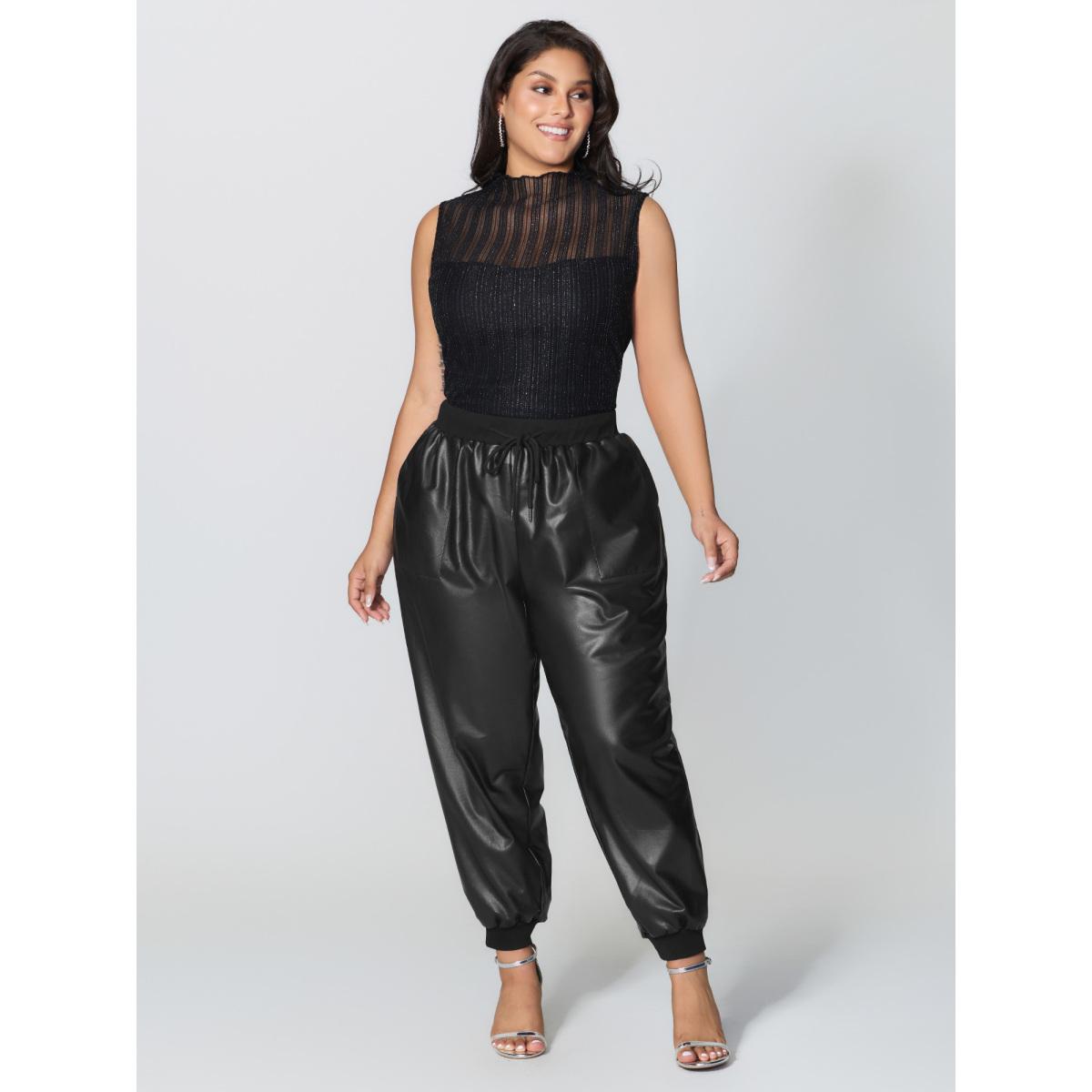 Plus Size Ribbed Trim Spliced Leather Drawstring Pants Women Black Party&Cocktail Bodycon Mid Rise Party Pants BloomChic 18-20/2X Product Image