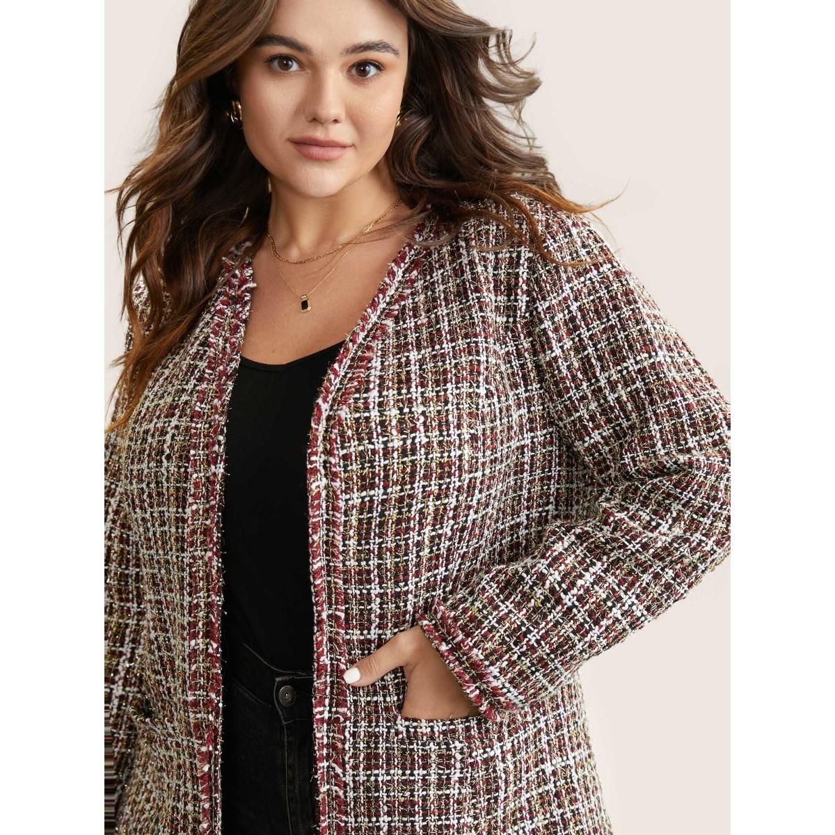 Plus Size Tweed Fuzzy Trim Pocket Open Front Jacket Women Multicolor Texture Pocket Everyday Jackets BloomChic 12/L Product Image
