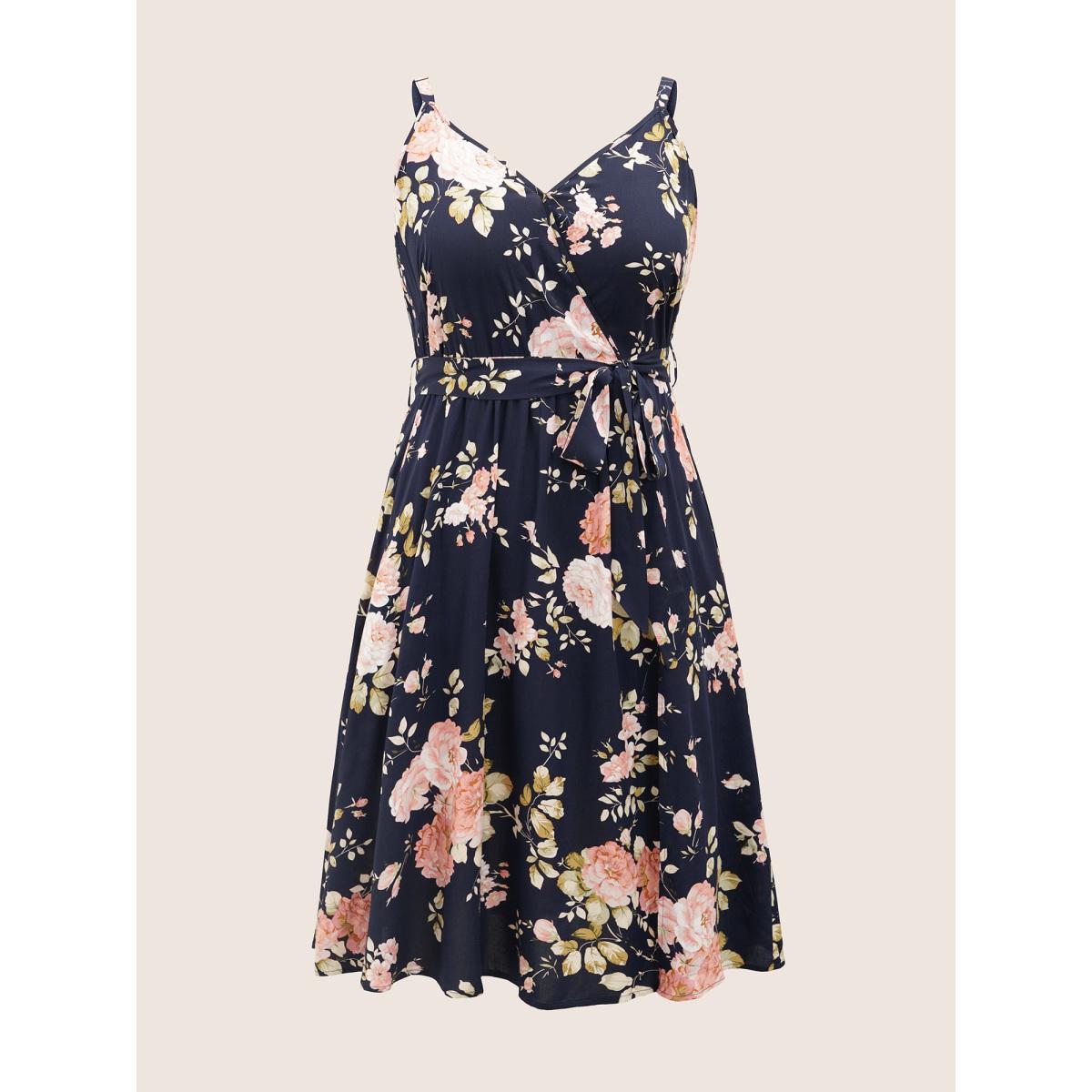 Plus Size Floral Wrap Elastic Waist Belted Sleeveless Dress DarkBlue Women Timeless Non Spaghetti Strap Sleeveless Curvy Midi Dress BloomChic 18-20/2X Product Image