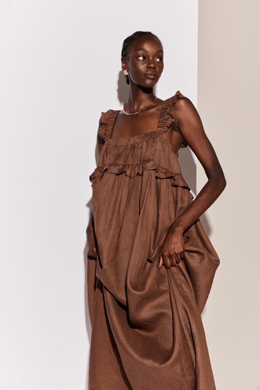 Rossana Linen Maxi Dress Chocolate Product Image