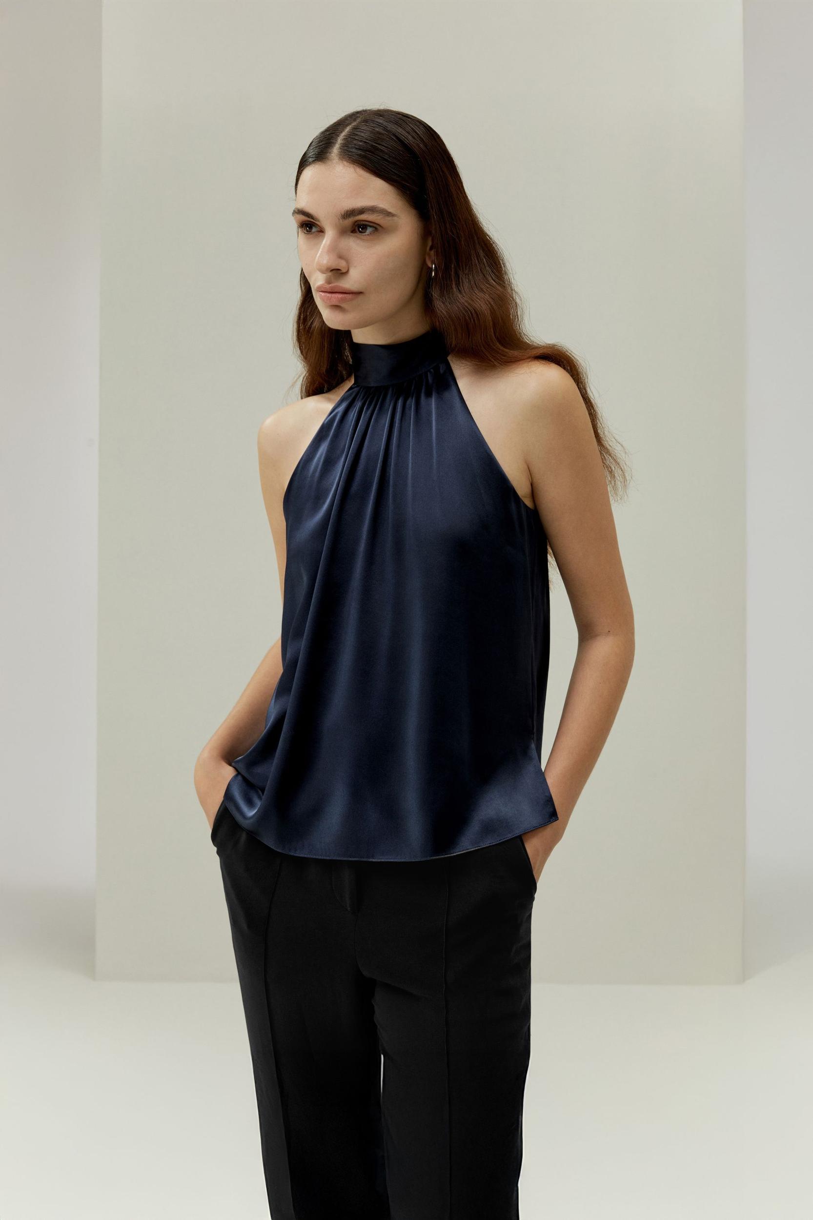 LILYSILK Silk Halter Neck Top - Womens - Navy Blue Natural Silk - Polished Sleeveless Blouse M Product Image