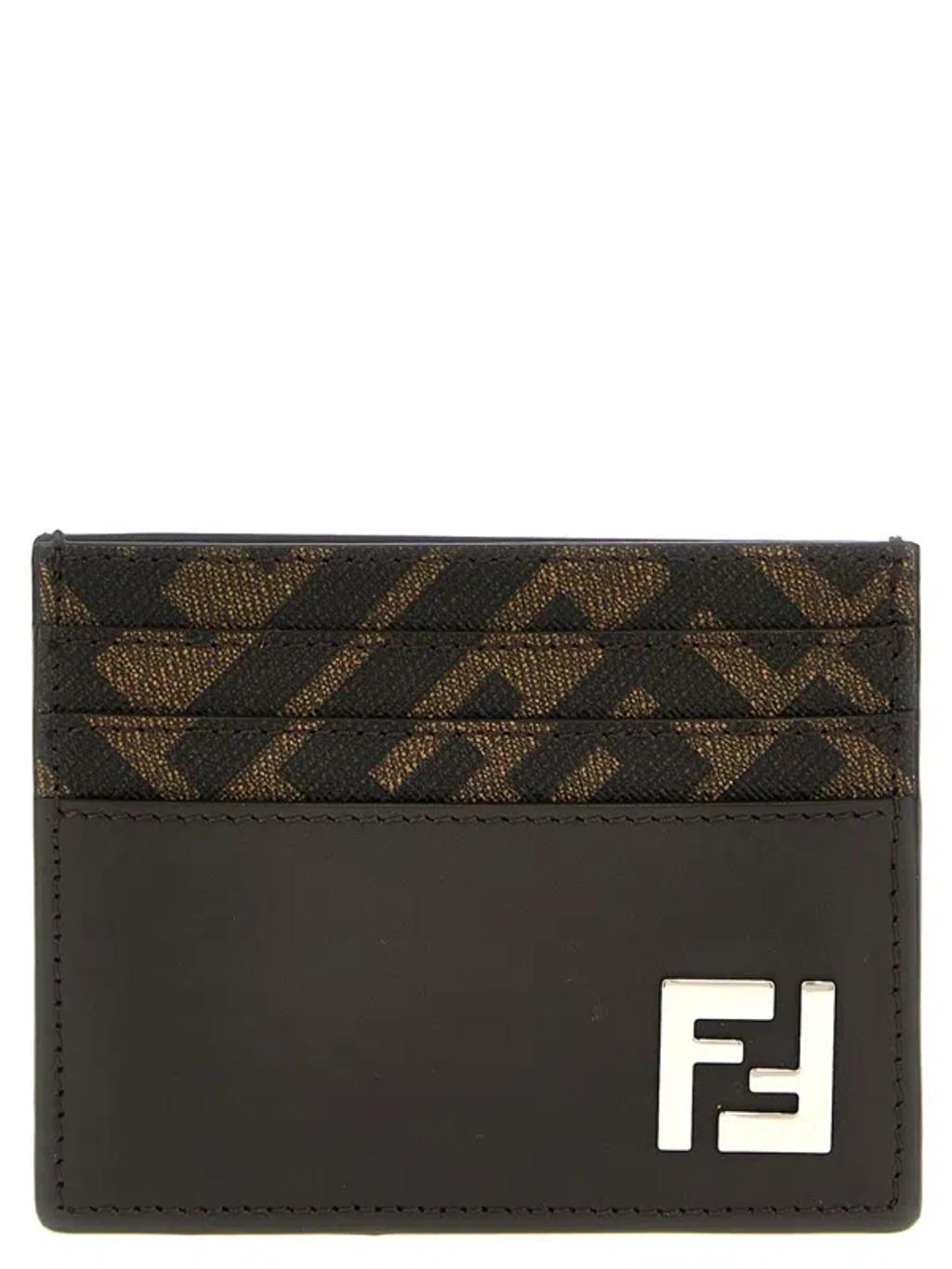 FENDI Brown Card-holder With Squared Ff Motif In Leather And Ff Canvas Man In Ebony Product Image