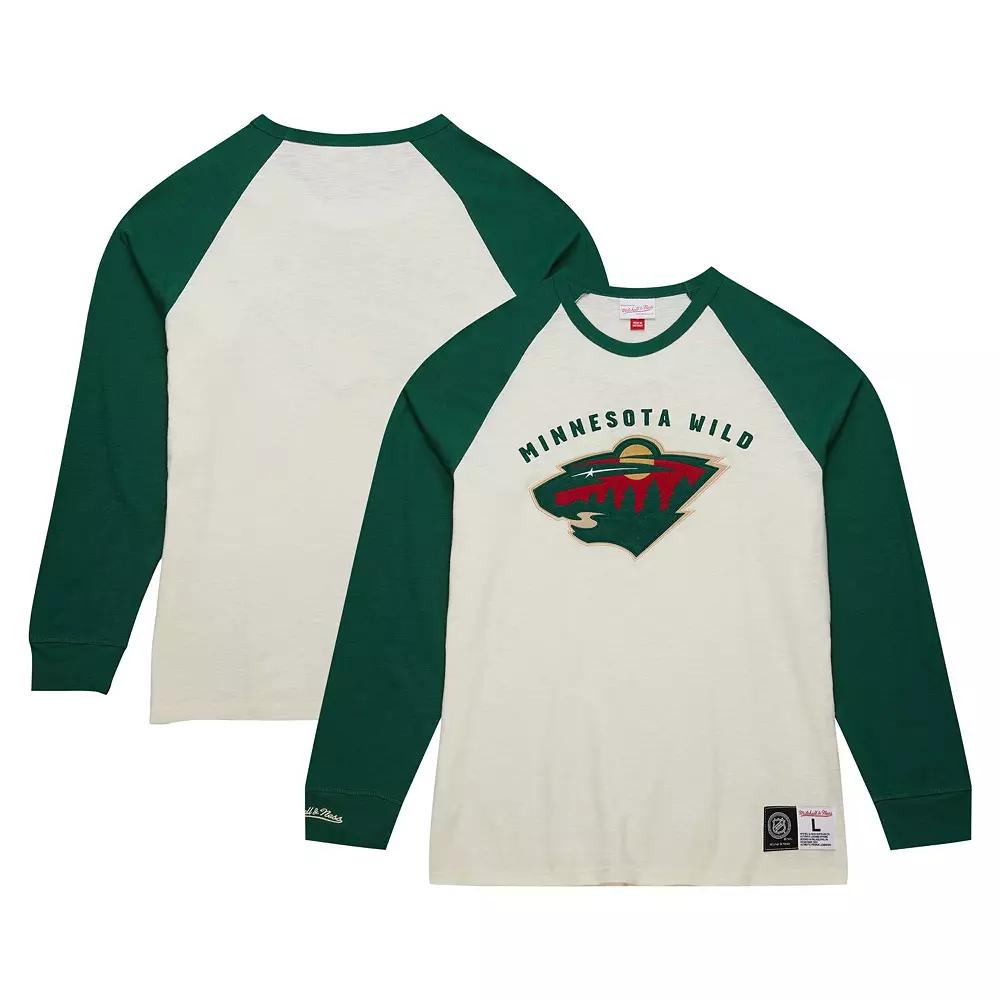 Men's Mitchell & Ness Cream Minnesota Wild Legendary Slub Vintage Raglan Long Sleeve T-Shirt,  Product Image