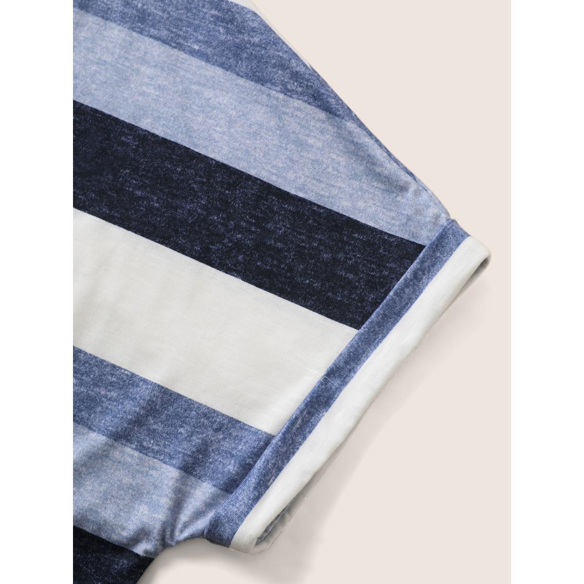 Plus Size Stripes Dolman Sleeve Patch Pocket T-shirt Blue Women Casual V-neck Everyday T-shirts BloomChic 26/4X Product Image