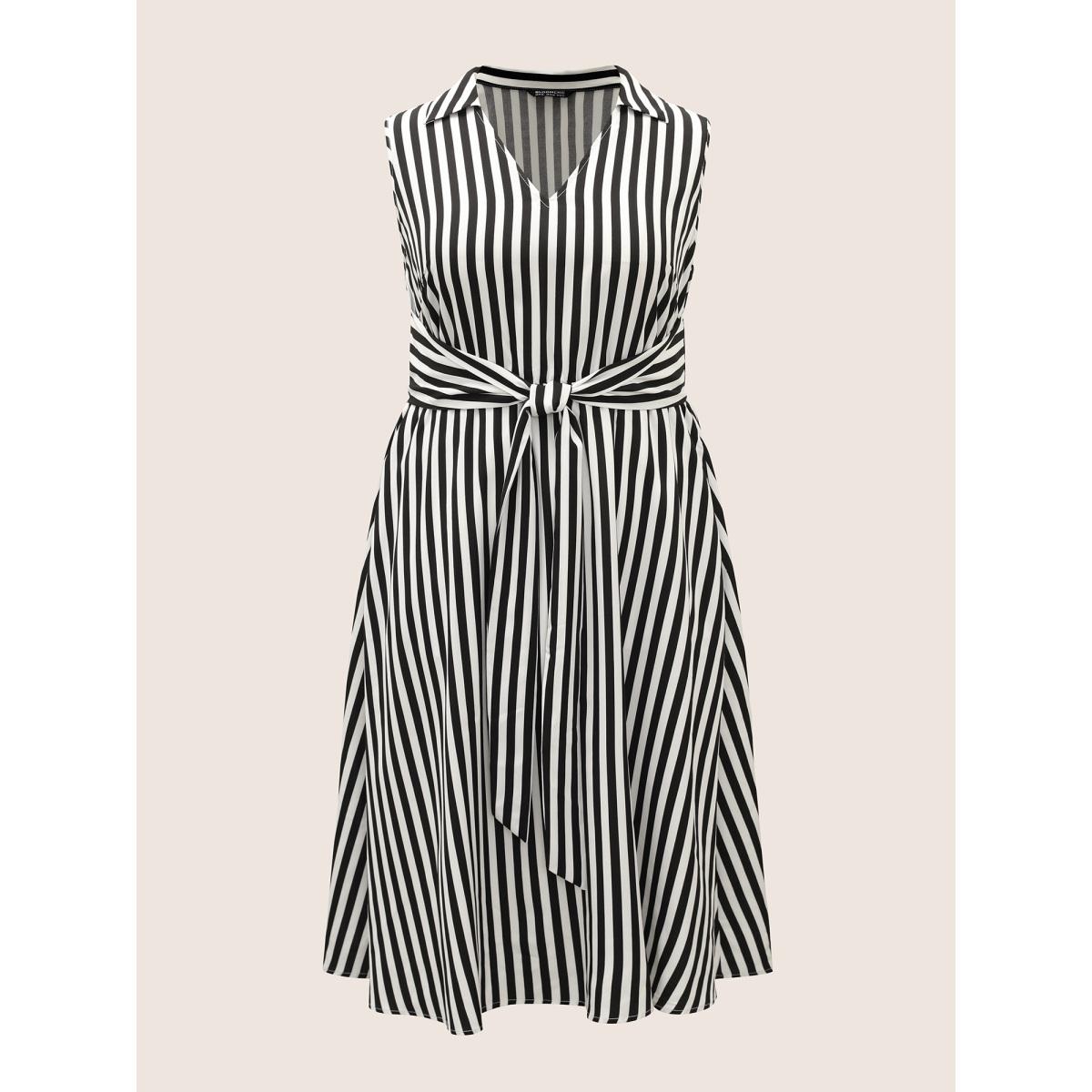 Plus Size Striped Shirt Collar Sleeveless Tie Dress Black Women At the Office Shirt collar Sleeveless Curvy BloomChic 28/5X Product Image