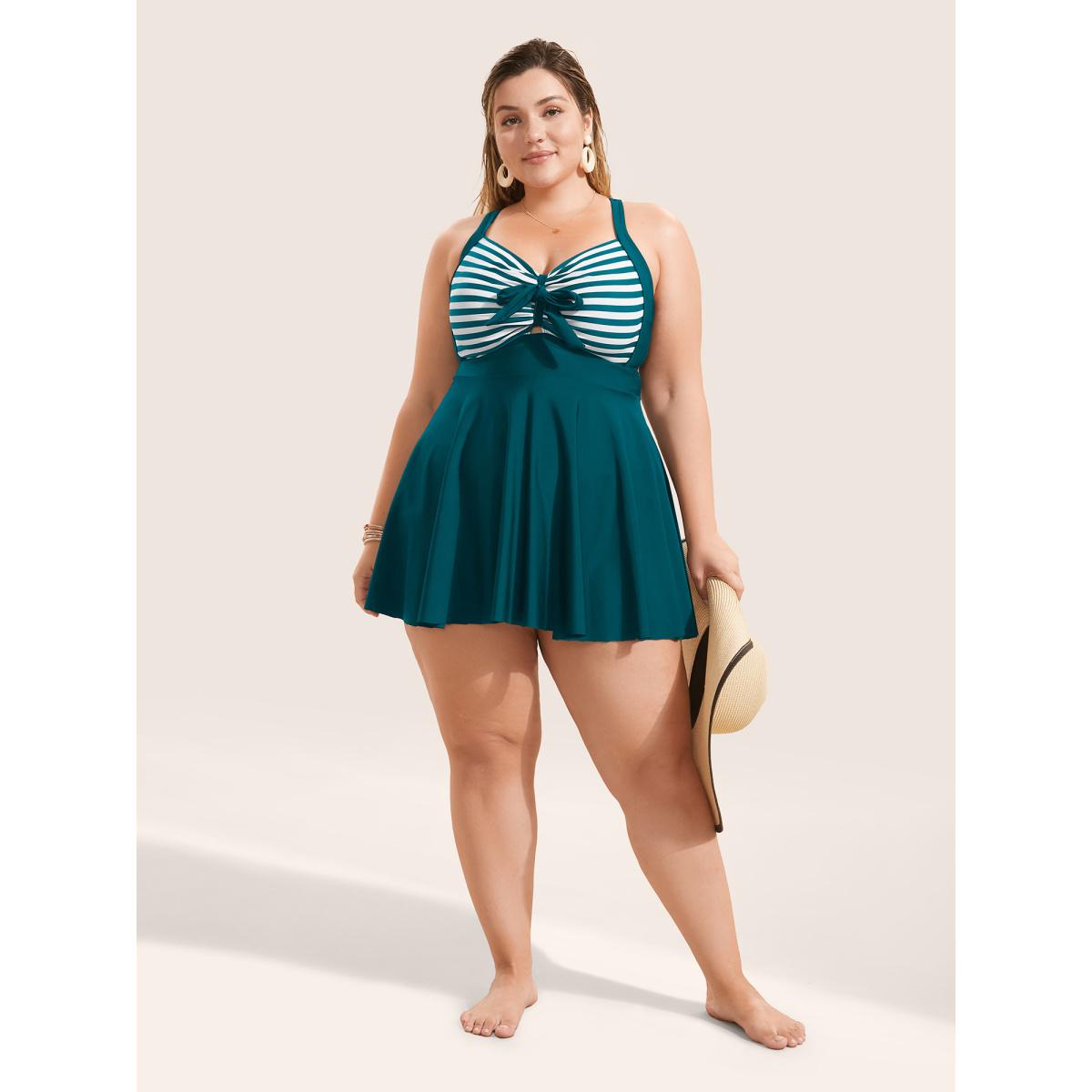 Plus Size Stripes Patchwork Tie Knot Cross Straps Swim Dress Women's Swimwear Teal Resort Bodycon Heart neckline High stretch Curve Swim Dresses BloomChic 12/L Product Image