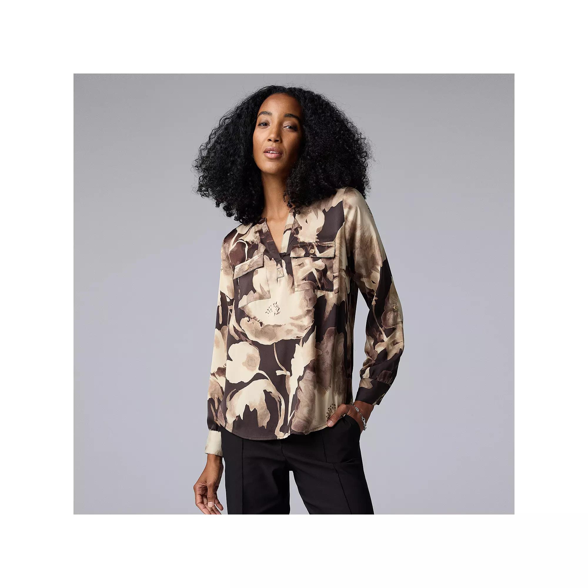 Women's Simply Vera Vera Wang Roll-Tab Popover Blouse, Size: XS, Black Water Floral Product Image