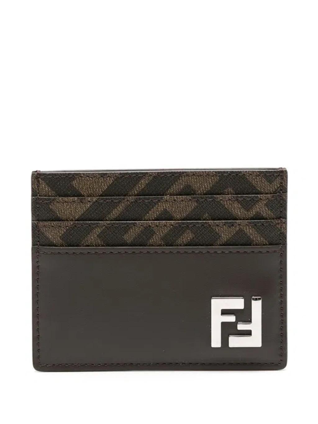 FENDI Brown Card-holder With Squared Ff Motif In Leather And Ff Canvas Man In Ebony Product Image
