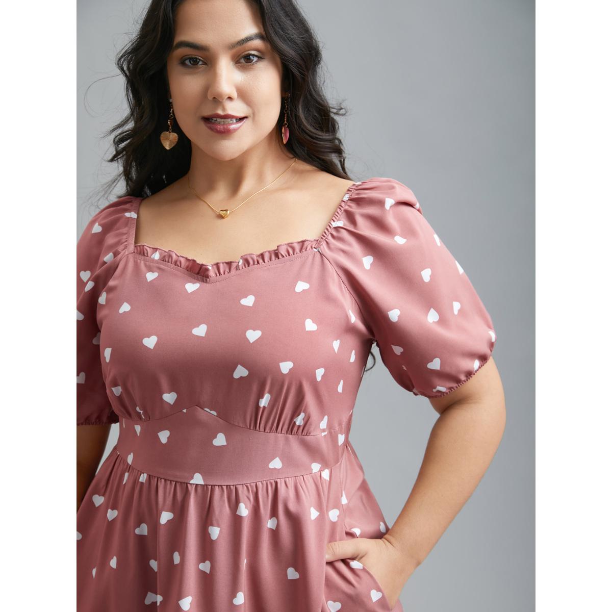 Plus Size Ruffled Stretchy Waist Puff Sleeve Dress DustyPink Women Elegant Gathered Heart neckline Half Sleeve Curvy BloomChic 30/6X Product Image