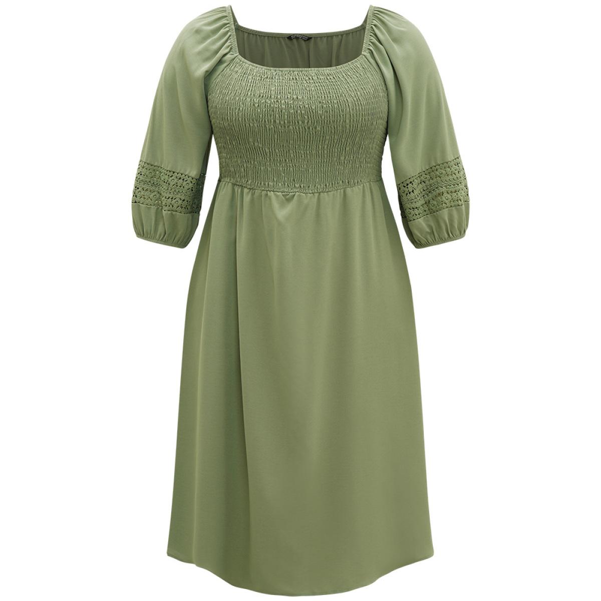 Plus Size Solid Shirred Square Neck Guipure Lace Dress Moss Women Vacation Elastic cuffs Square Neck Elbow-length sleeve Curvy Midi Dress BloomChic 22-24/3X Product Image