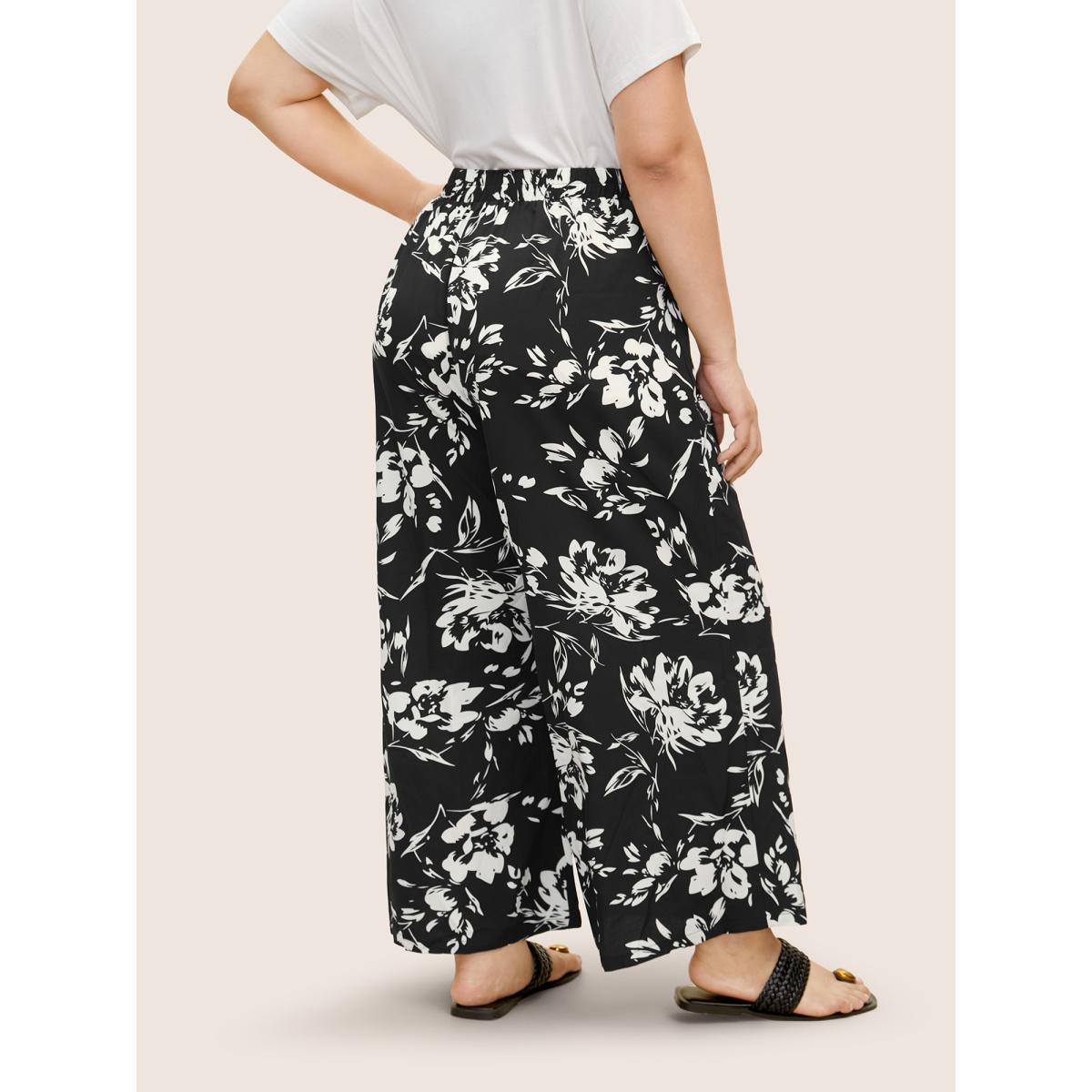 Plus Size Silhouette Floral Print Tie Knot Wide Leg Pants Women Black Casual Wide Leg Mid Rise Everyday Pants BloomChic 14-16/1X Product Image