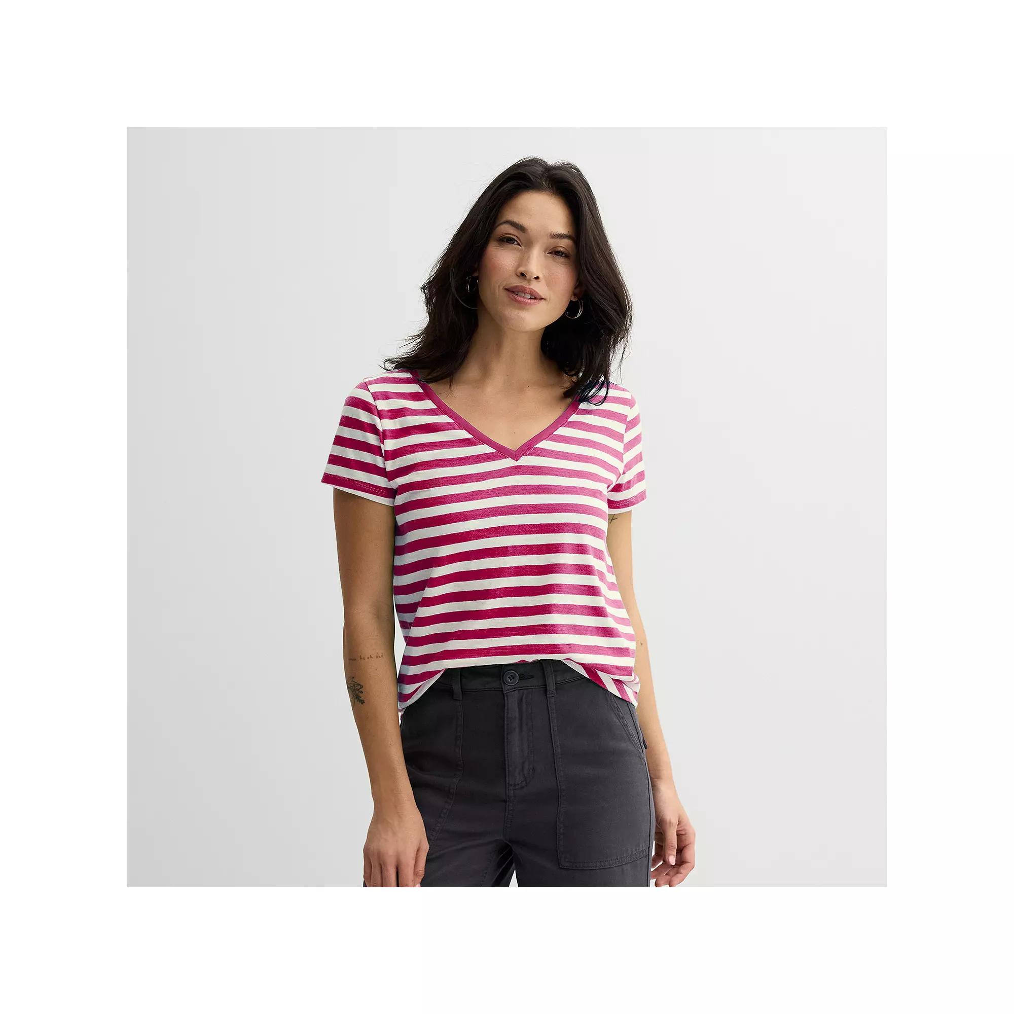 Women's Sonoma Goods For Life® Everyday Short Sleeve V-Neck Tee, Size: XXL, Small Red Stripe Product Image