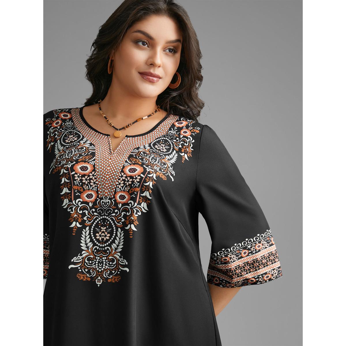 Plus Size Notched Collar Boho Print Pocket Dress BlackFlower Women Resort Non Notched collar Elbow-length sleeve Curvy BloomChic 22-24/3X Product Image