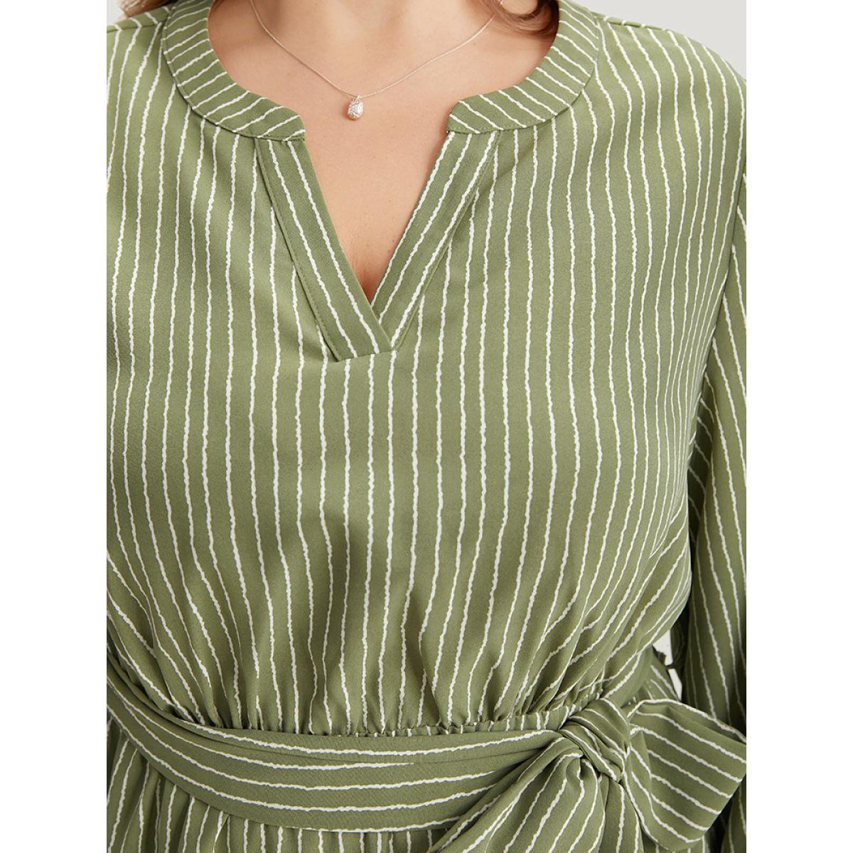 Plus Size Striped Notched Belted Lantern Sleeve Dress Sage Women Work From Home Elastic cuffs Notched collar Long Sleeve Curvy Midi Dress BloomChic 14-16/1X Product Image