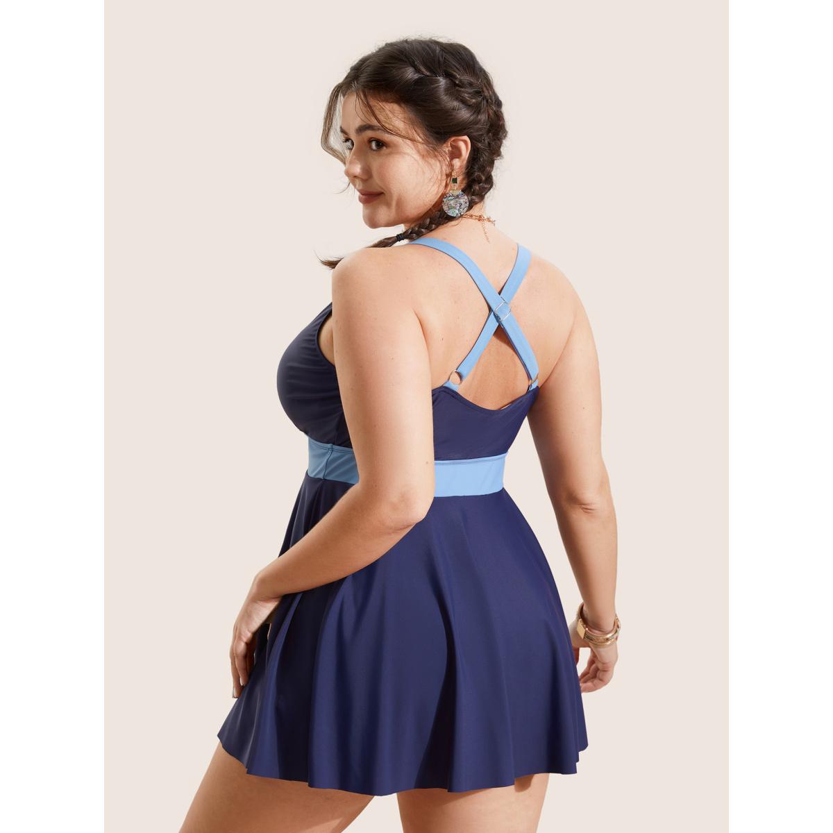 Plus Size Two Tone Gathered Overlap Collar Swim Dress Women's Swimwear Indigo Beach Bodycon Overlap Collar High stretch Curve Swim Dresses BloomChic 10/M Product Image
