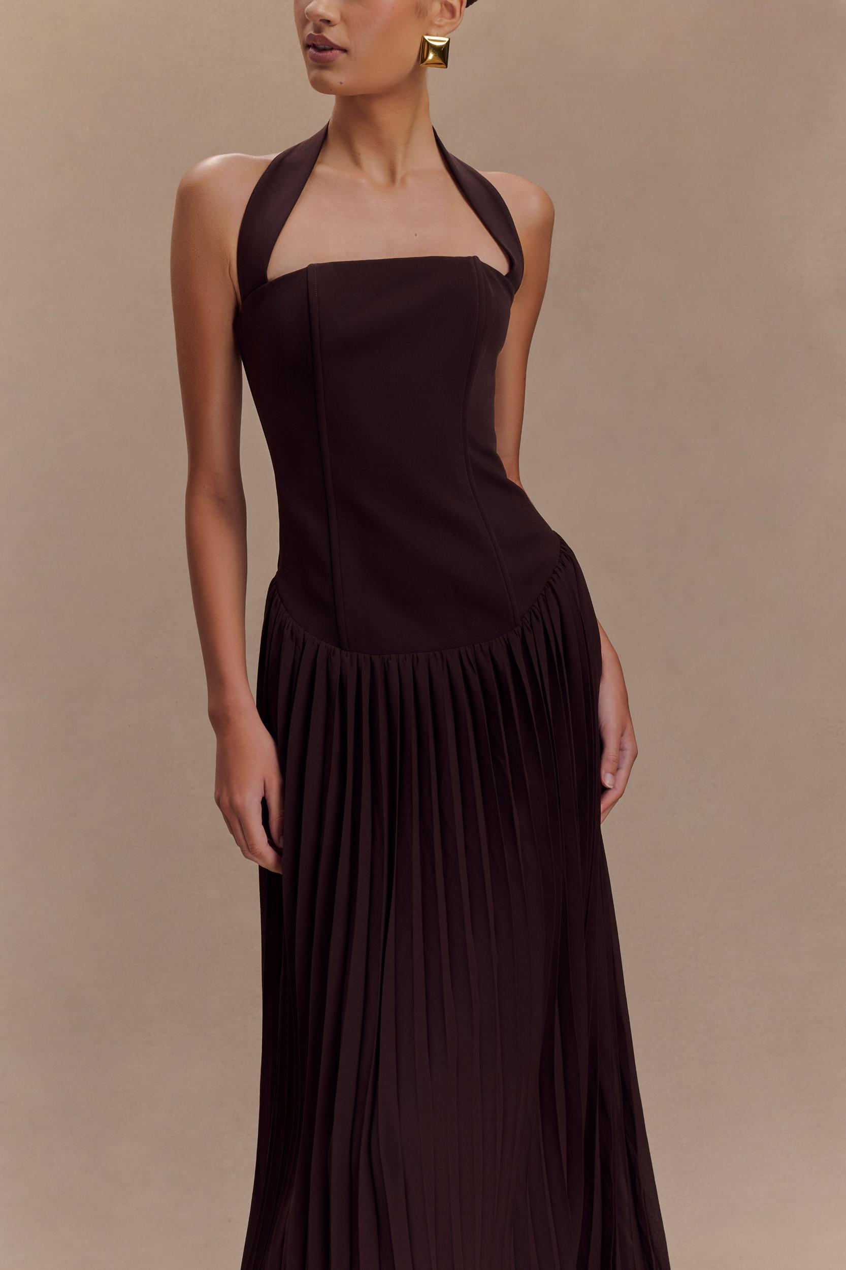 Stacie Pleated Halter Maxi Dress - Cacao Product Image