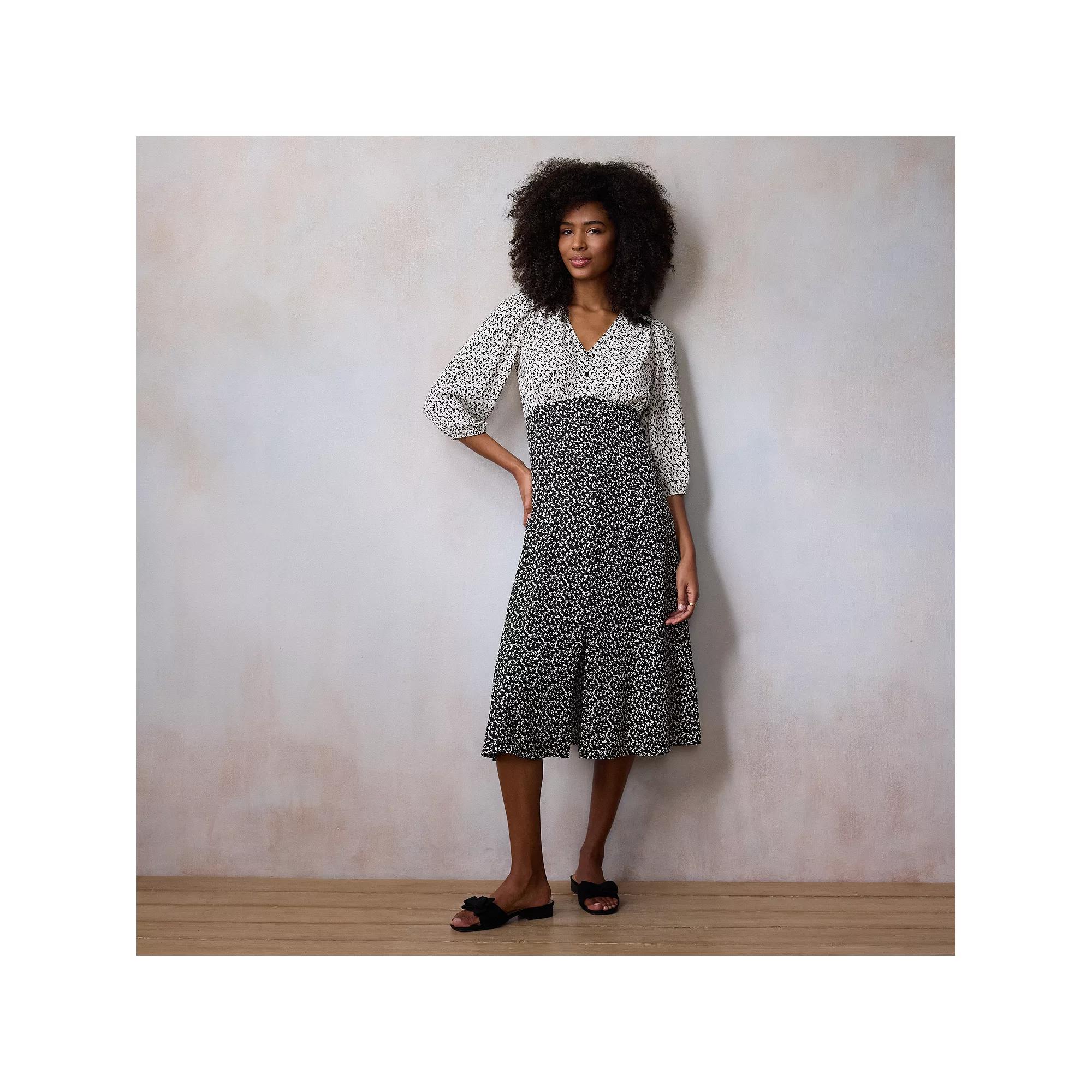 Women's LC Lauren Conrad V-Neck Button Front Crepe Midi Dress, Size: Large, Black Cr Heart Swirl Product Image