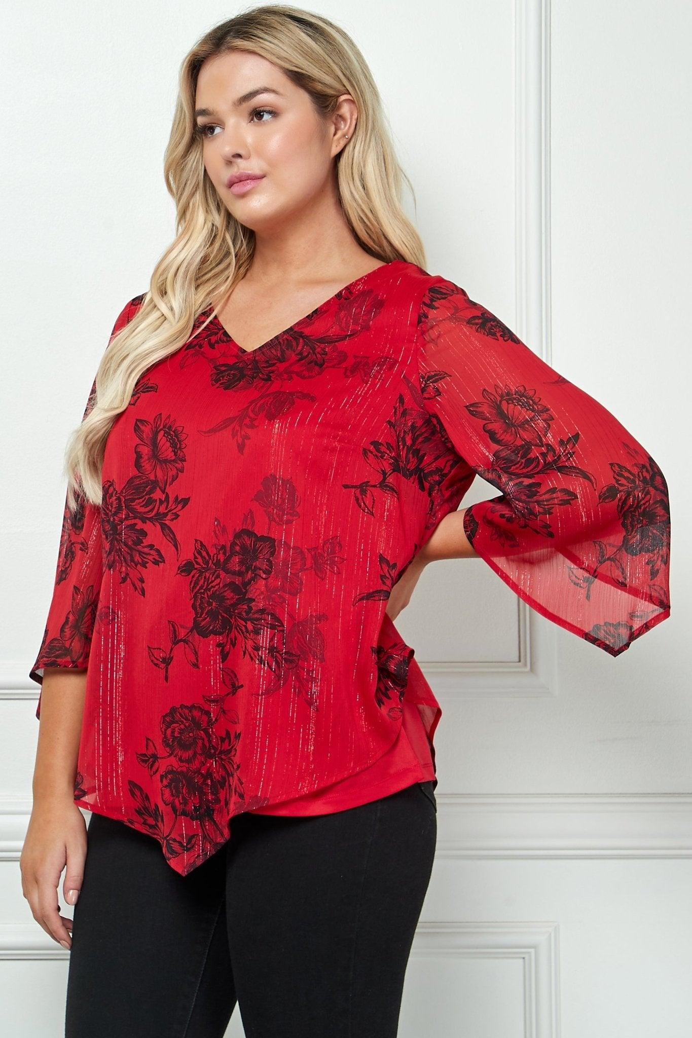 3/4 Flare Sleeve Cutout Neck Bubble Blouse in Black - Plus Product Image