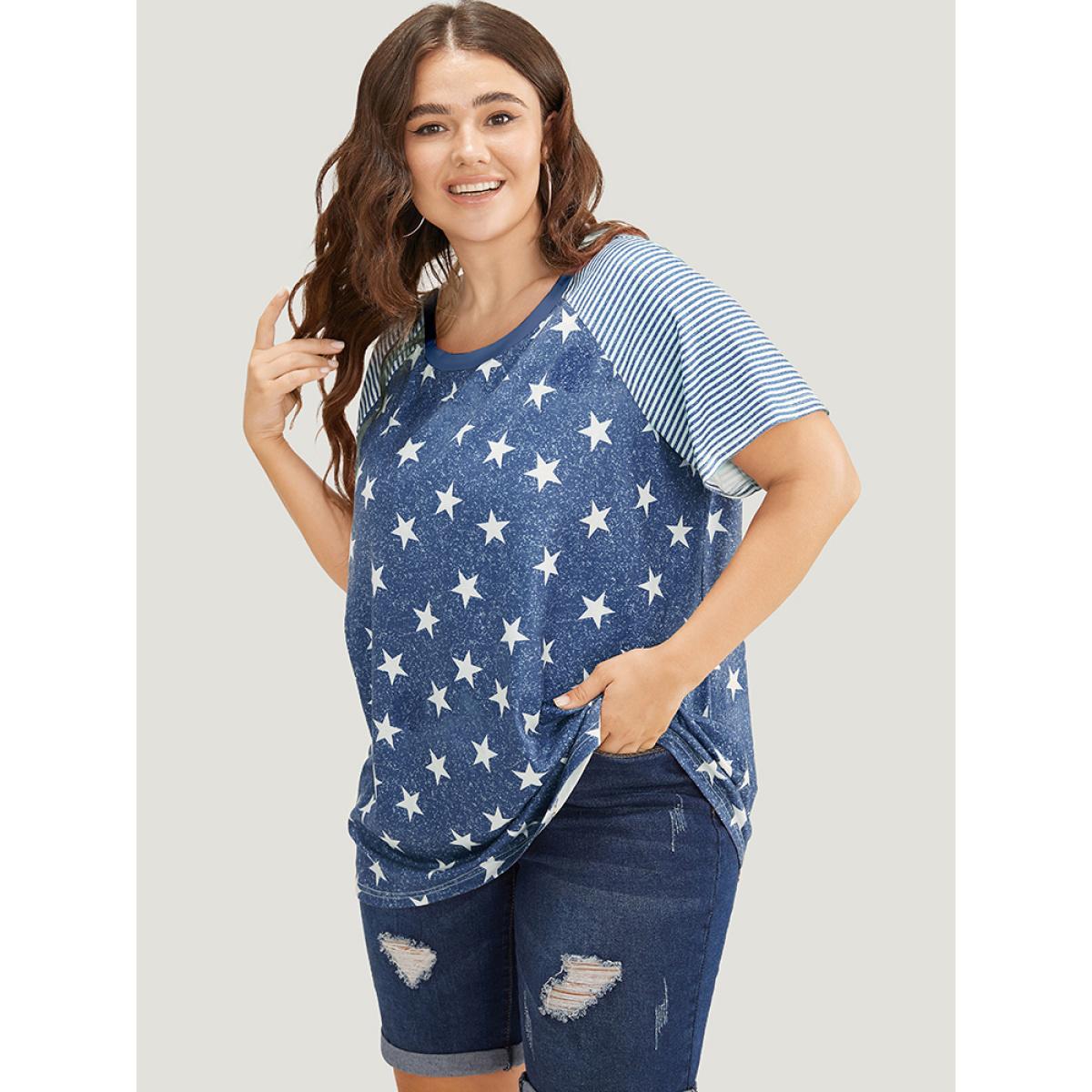 Plus Size Star Patchwork Striped Raglan Sleeve T-shirt Blue Women Casual Moon and Star Round Neck Dailywear T-shirts BloomChic 10/M Product Image