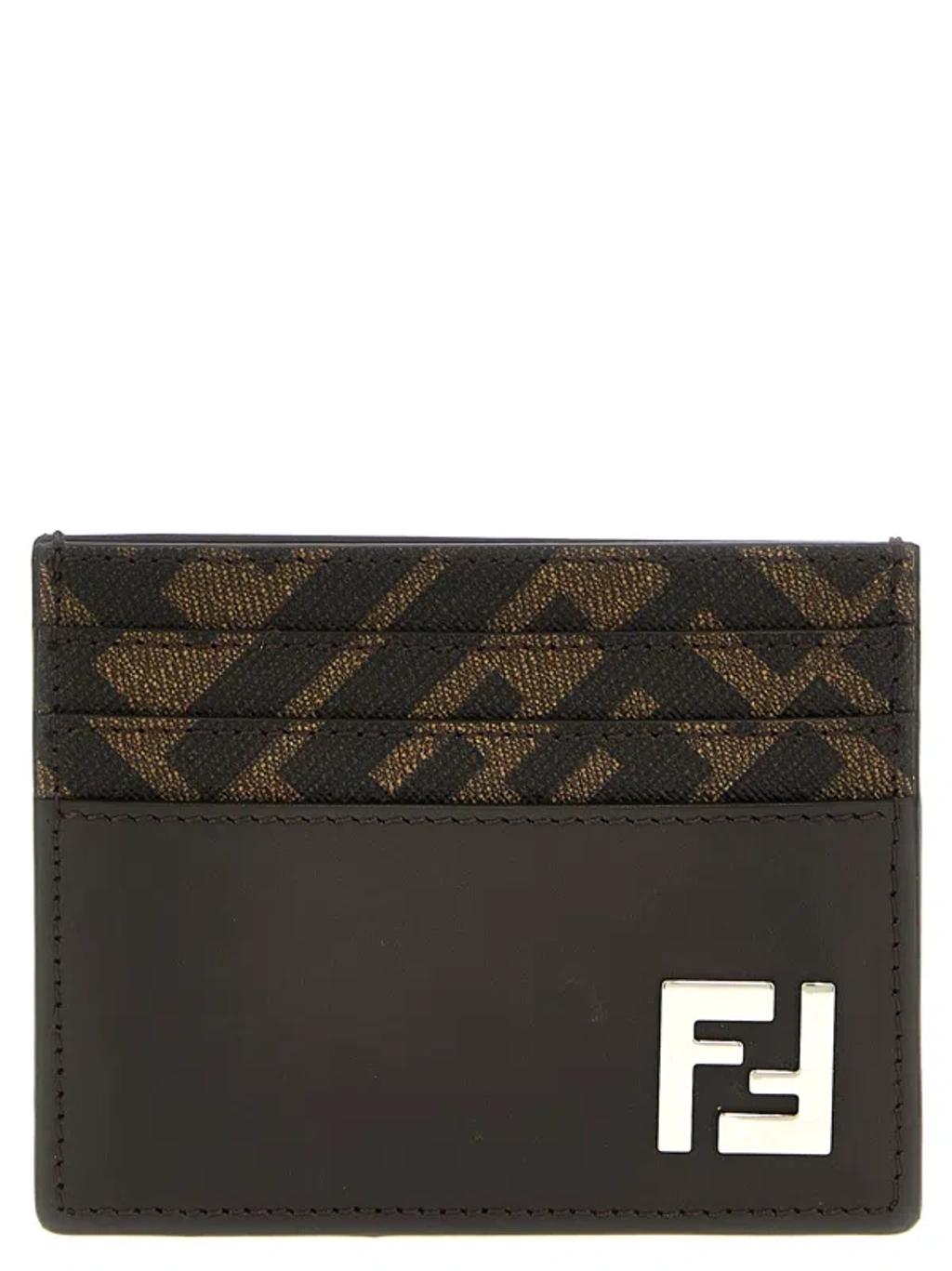 FENDI Brown Card-holder With Squared Ff Motif In Leather And Ff Canvas Man In Ebony Product Image