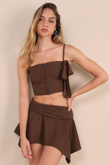 Pinstriped Brown Fuzzy Handkerchief Mini Skirt Product Image