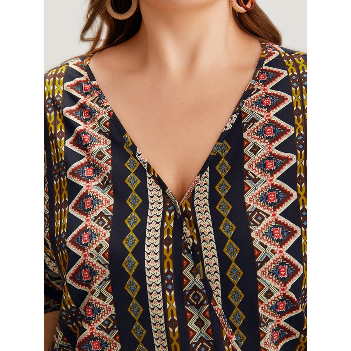 Plus Size Indigo Boho Print V Neck Wrap Blouse Women Vacation Short sleeve V-neck Dailywear Blouses BloomChic 26/4X Product Image