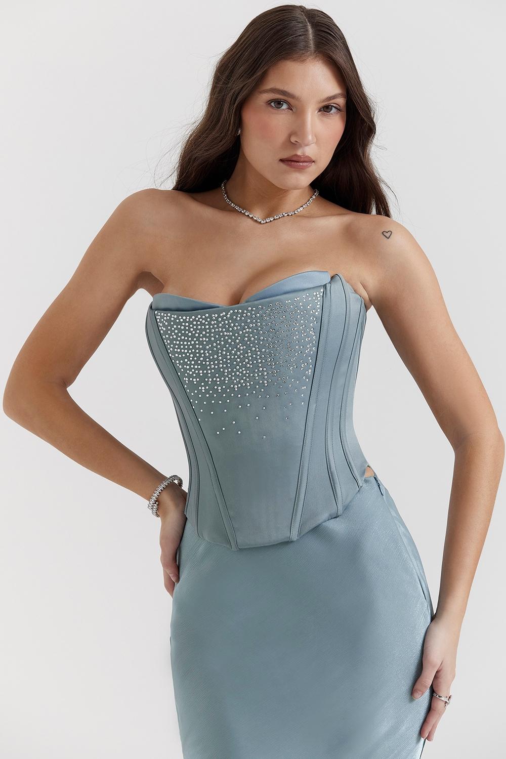 Nastassia  cool blue embellished satin corset Product Image