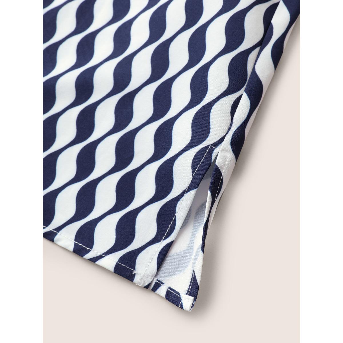 Plus Size Blue Geometric Mock Neck Shirred Ruffle Sleeve Blouse Women At the Office Short sleeve Mock Neck Work Blouses BloomChic 10/M Product Image