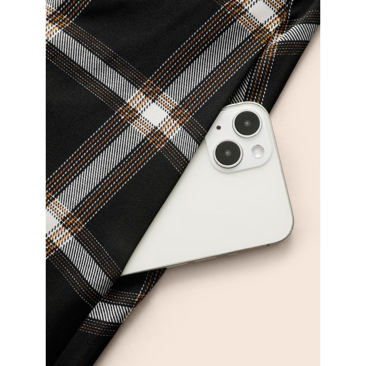 Plus Size Plaid Shirt Collar Belted Tab Sleeve Dress Black Women Elegant Belted Shirt collar Elbow-length sleeve Curvy BloomChic 28/5X Product Image