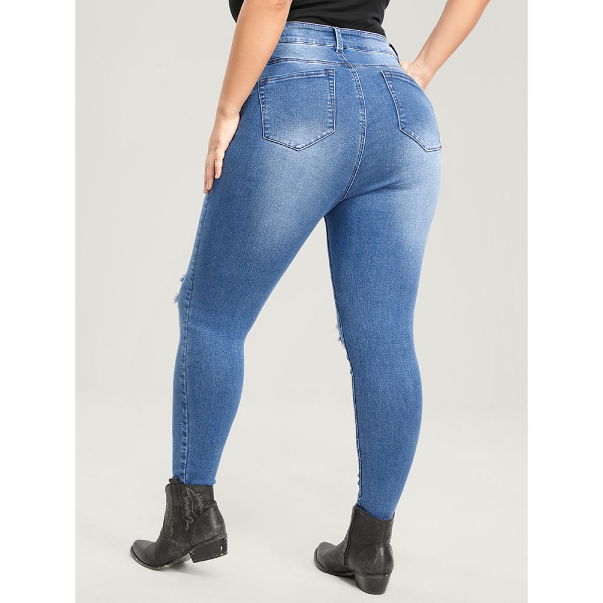 Plus Size Skinny Very Stretchy High Rise Asymmetrical Distressed Jeans Women Blue Casual Plain High stretch Pocket Jeans BloomChic 20/2X Product Image