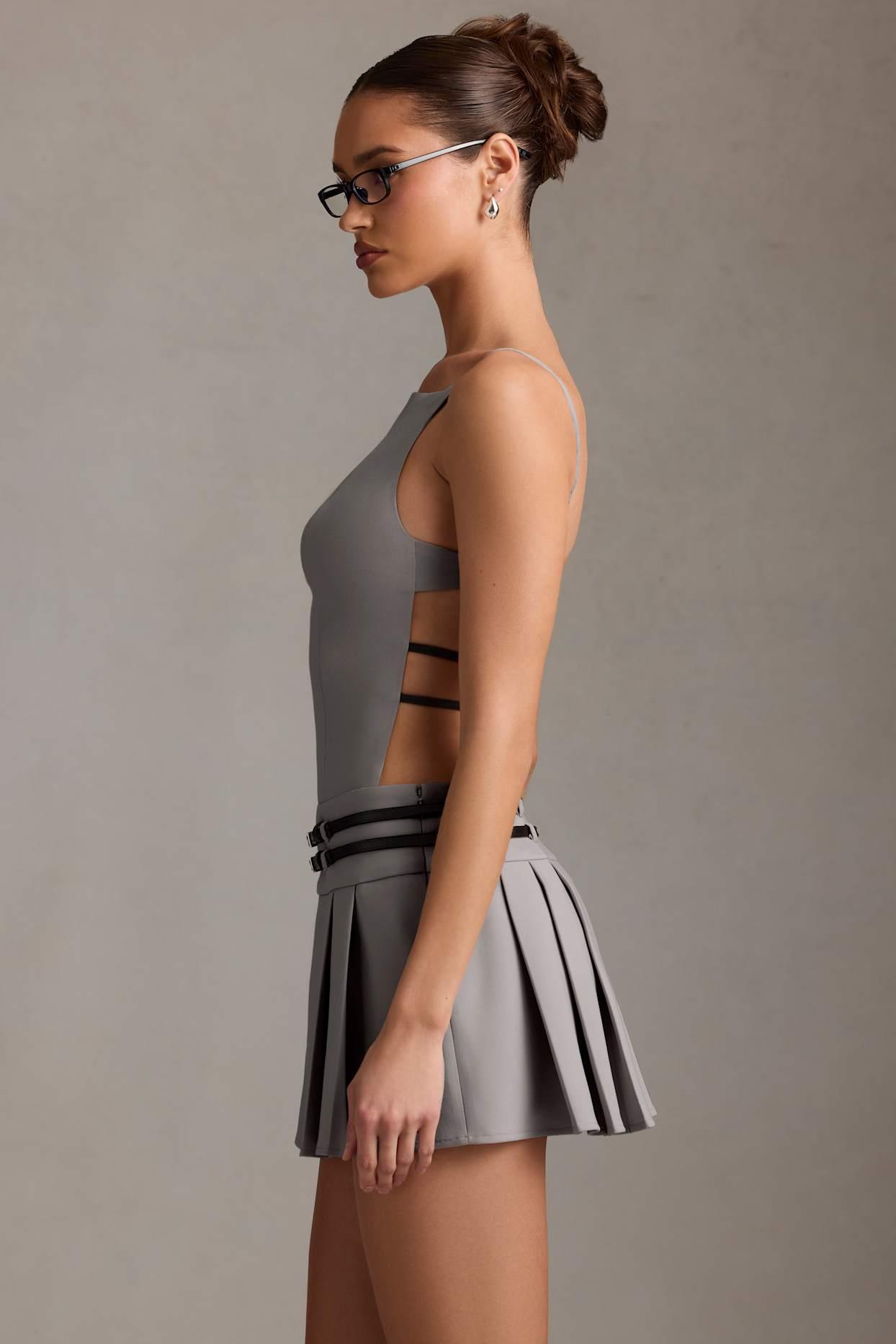 Belted Backless Pleated Mini Dress in Grey Product Image